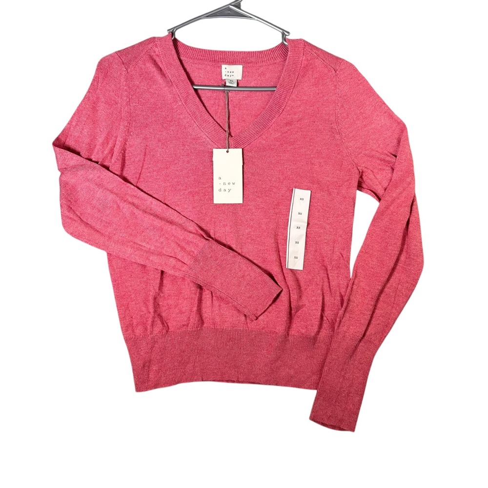A New Day Pink V Neck Long Sleeve Sweater Extra Small XS Heathered Knit‎